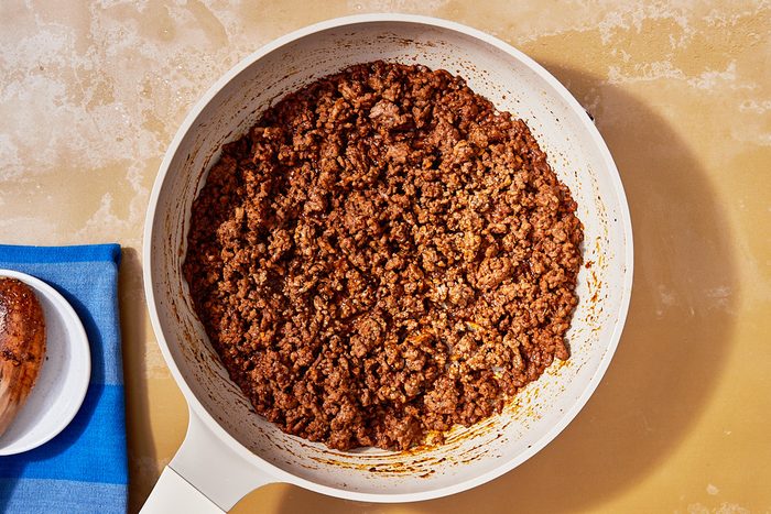 Homemade Taco Seasoning Step 2- cooked and seasoned ground beef in a skillet.