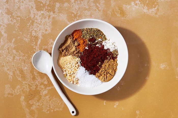 Homemade Taco Seasoning Step 1- separate seasonings in a bowl prior to mixing.