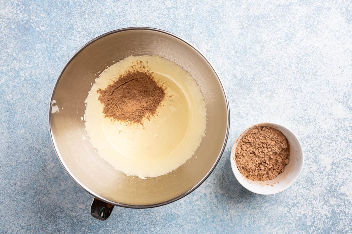 Taste of Home Ice Cream Cake Roll recipe photo of mixing bowl with ingredients mixed and cocoa.