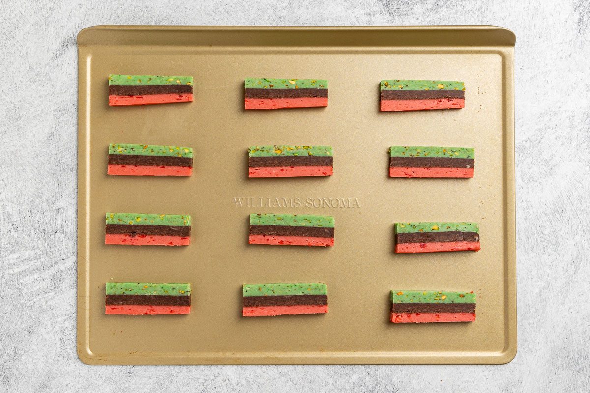 Taste of Home Italian Spumoni Cookies recipe photo of the chilled dough sliced on a baking sheet.