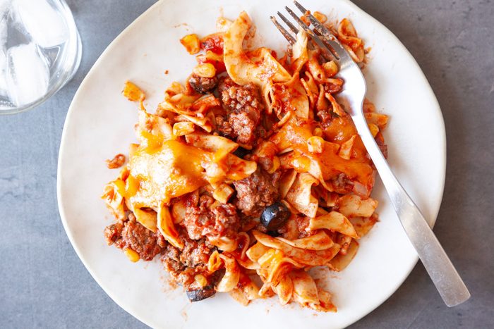 Close up of single serving of Taste of Home Italian Casserole on a white plate