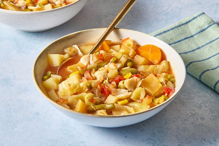 Closeup of a bowl of Maryland Crab Soup
