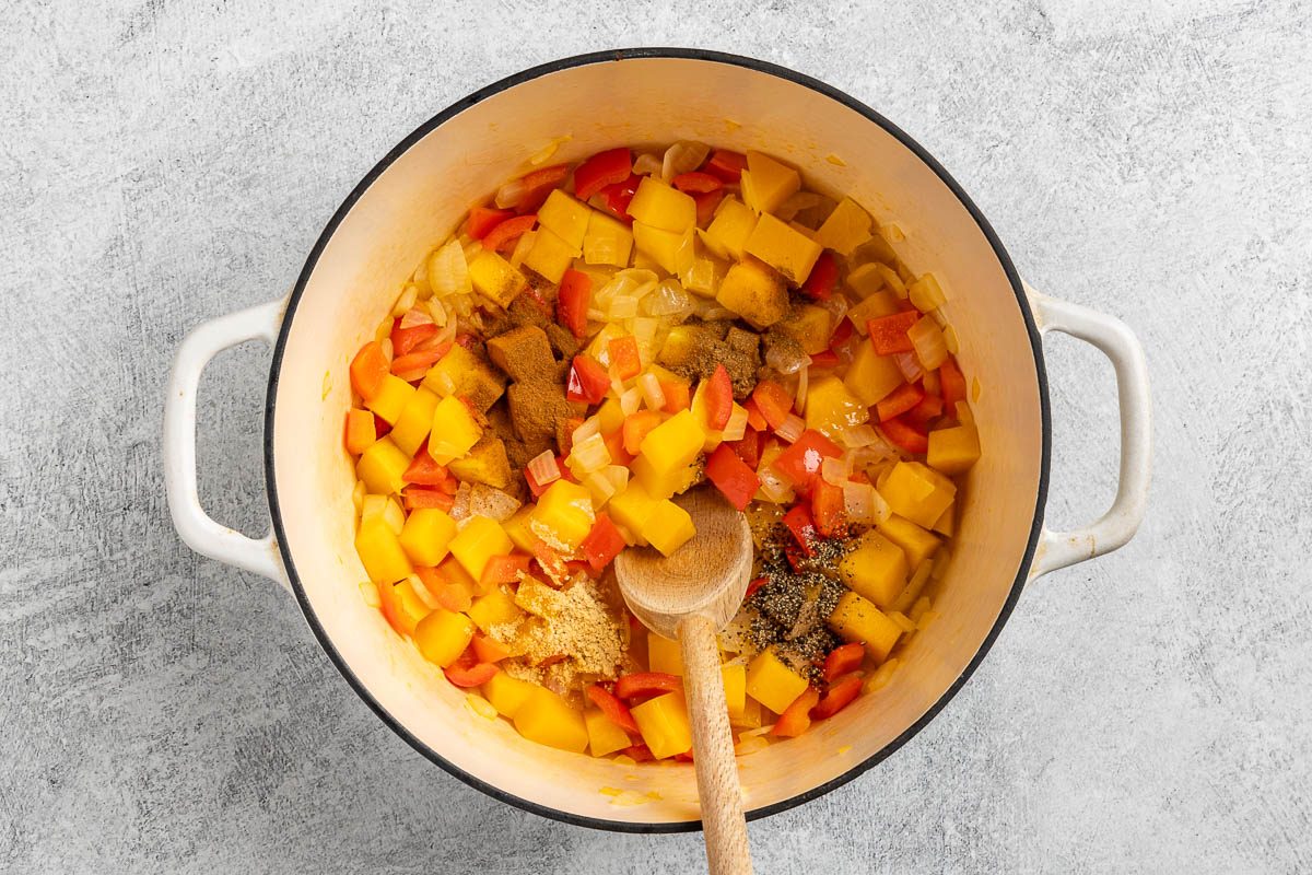 Taste of Home Moroccan Chickpea Stew recipe photo of the butternut squash, onion, sweet red pepper sauteed and mixed with the spices.