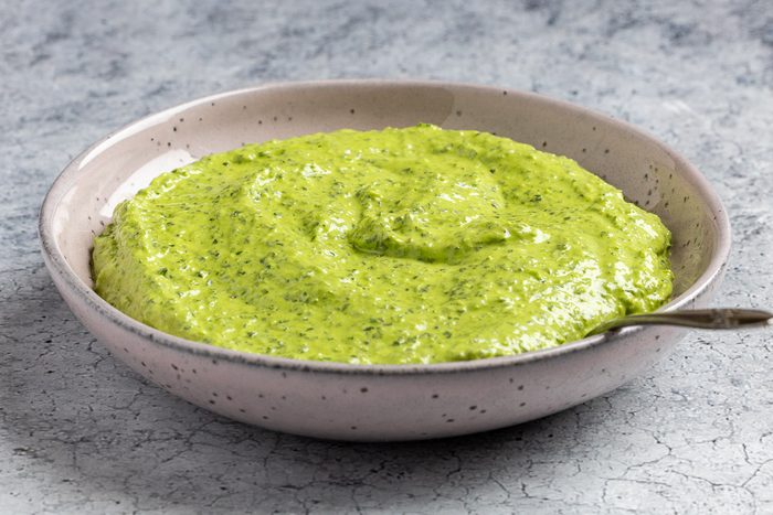 Taste of Home Nut-Free Pesto recipe photo of all the finished recipe in a serving bowl.