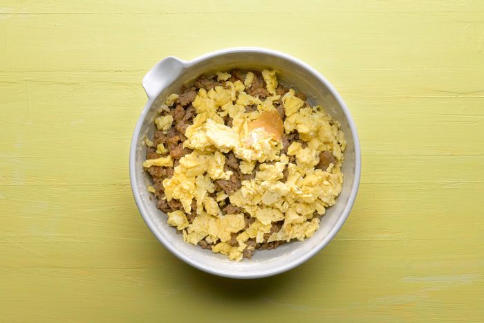 Over head shot of all ingredients in a large bowl