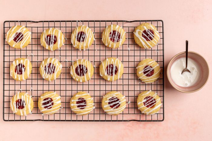 Taste of Home Shortbread Cookies with Jam recipe photo of the bake cookies with glaze.