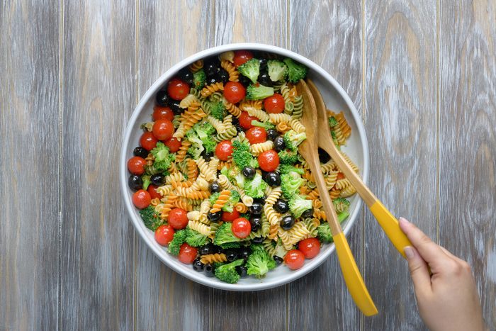 Overhead shot of Sri color pasta salad