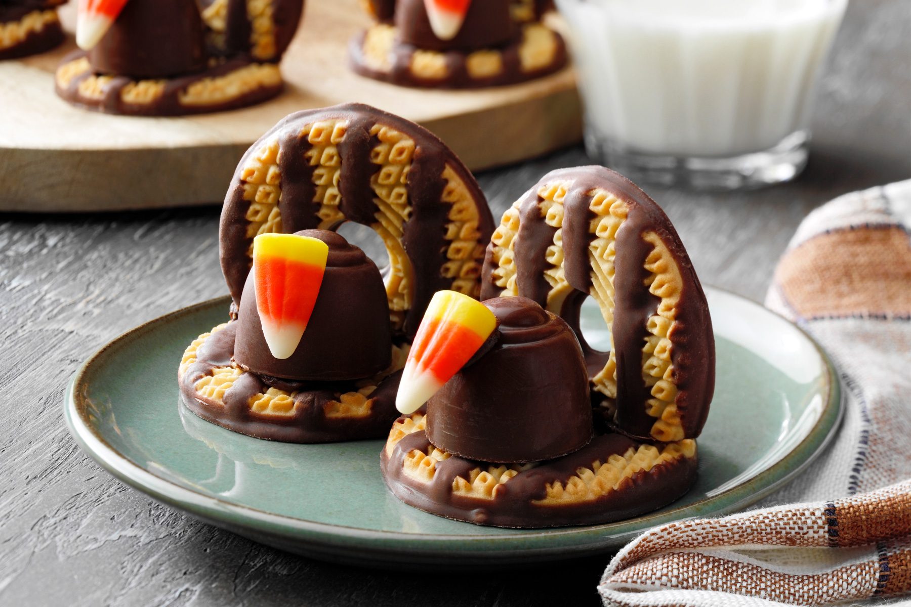 A plate of chocolate-covered turkey cookies.