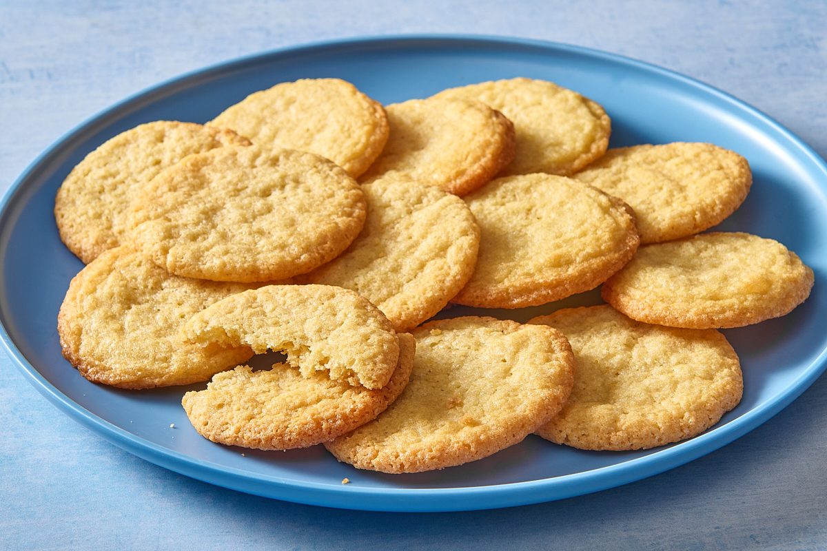 Closeup of vanilla wafers on a plate with one broken in half