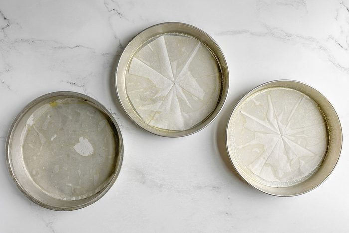 Lined cake pans for Taste of Home Amaretto Cake