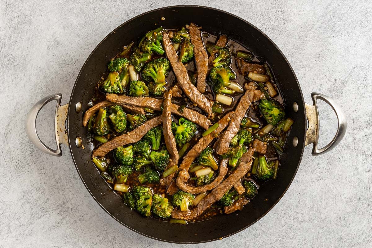 Taste of Home Beef with Broccoli Recipe photo of the all the ingredients cooked in the skillet.