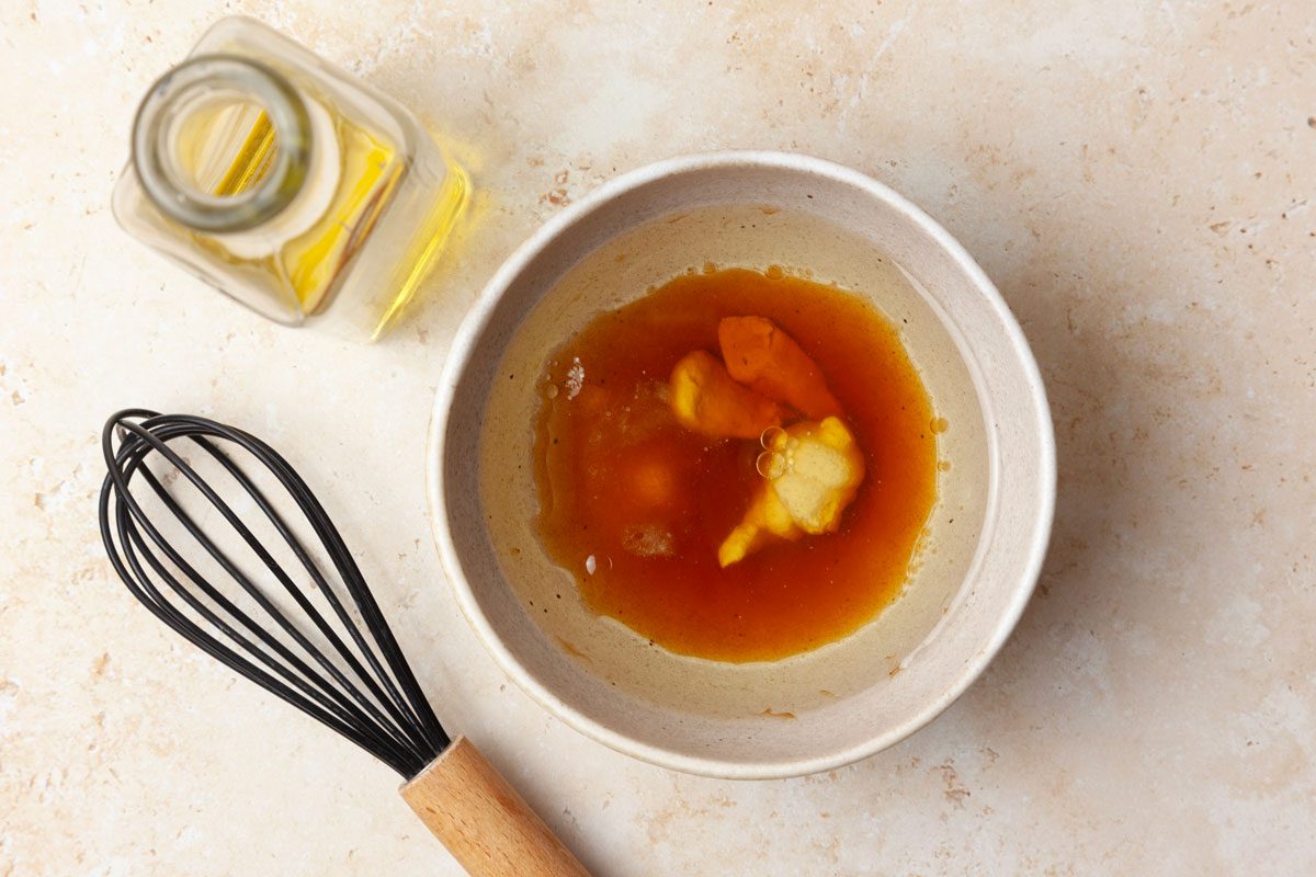 Step 1 of Taste of Home Blueberry Salad is to mix the raspberry vinegar, Dijon mustard, sugar and salt. Whisk in the canola oil slowly, until the dressing is completely blended.