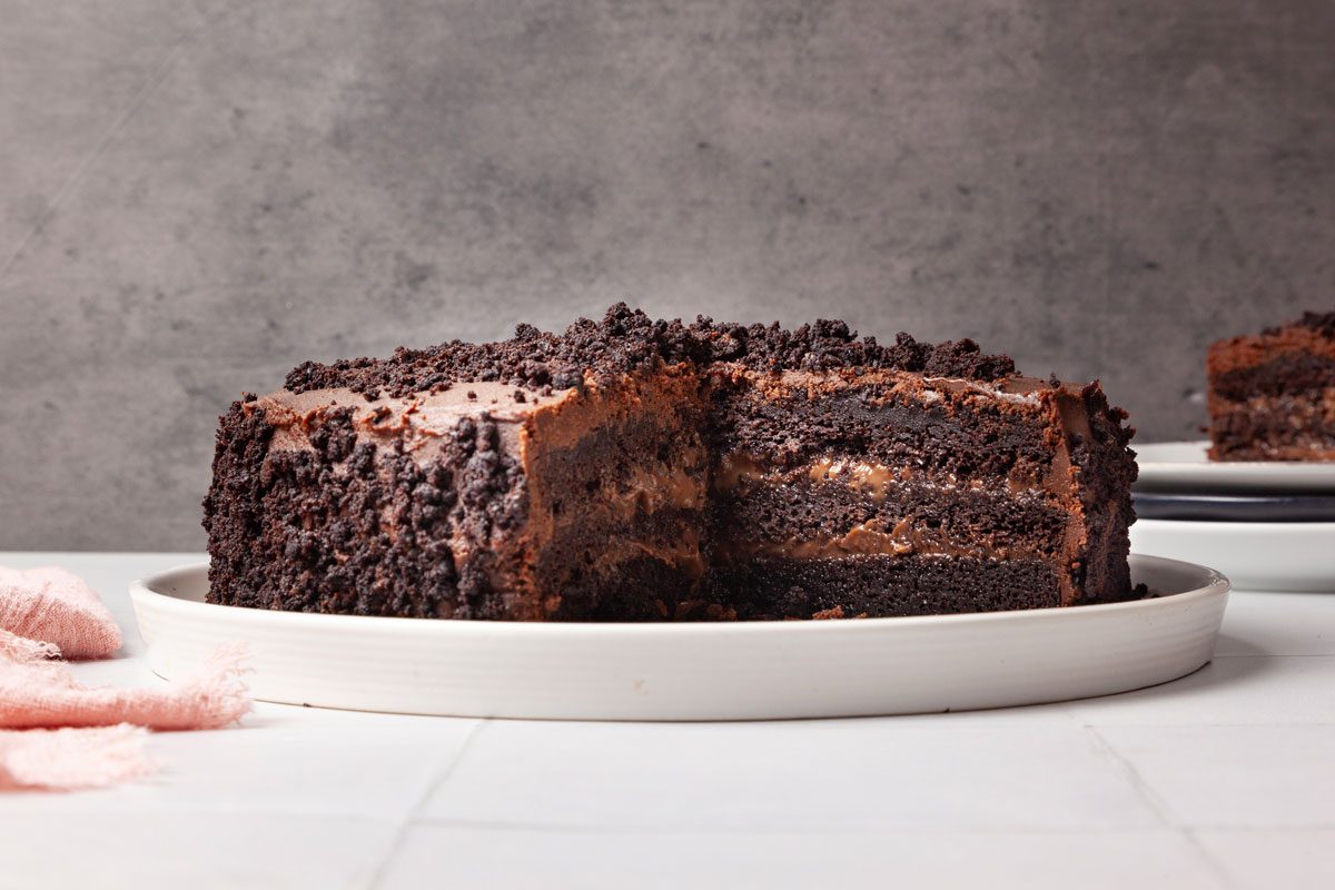 Full field of Taste of home Brooklyn Blackout Cake ona. white plate, white tile surface, black stone background; pink linen