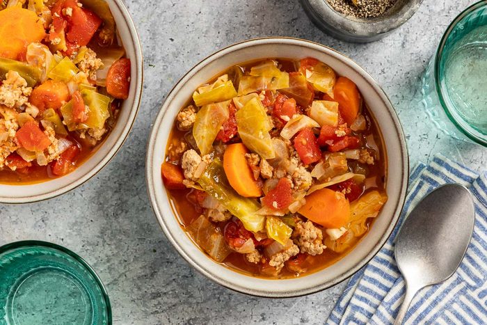 Taste of Home Cabbage Stew recipe photo of the finished stew served into bowls.