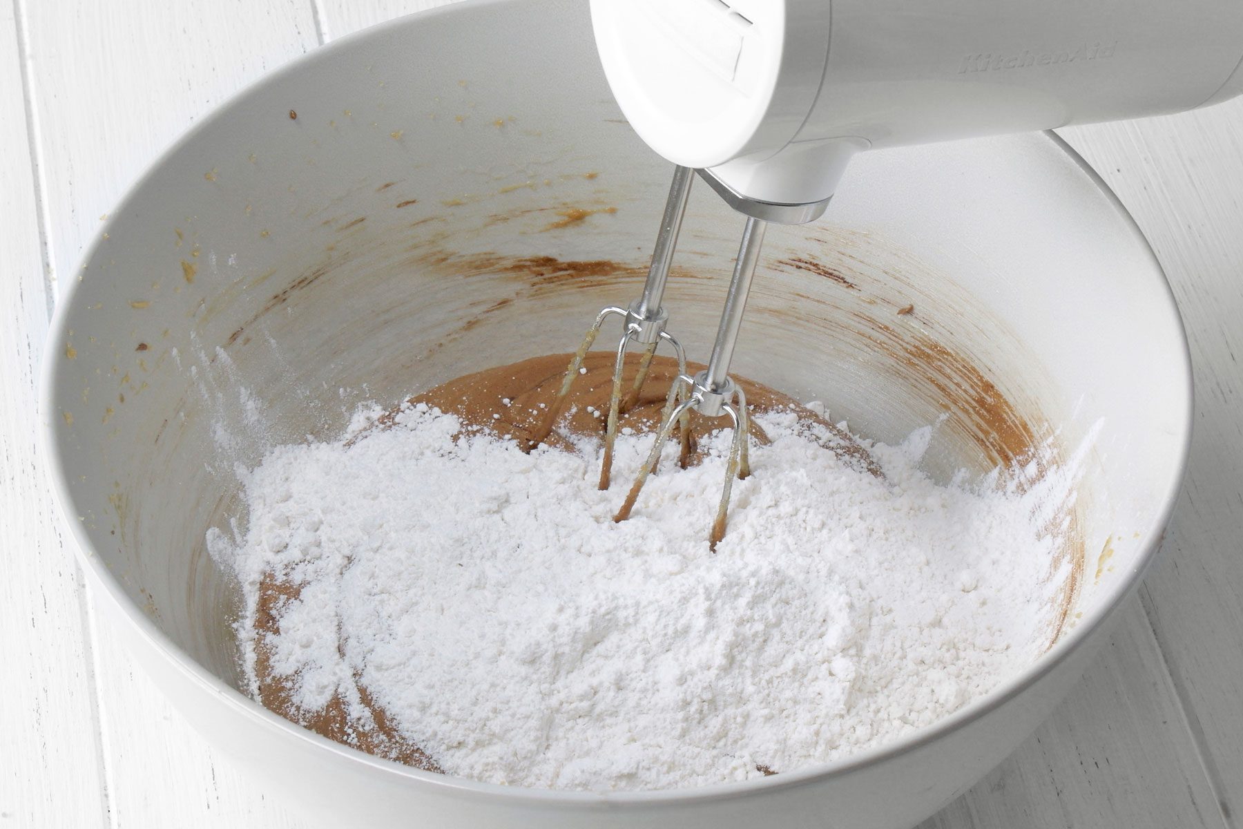 Dry mixture added to creamed mixture.