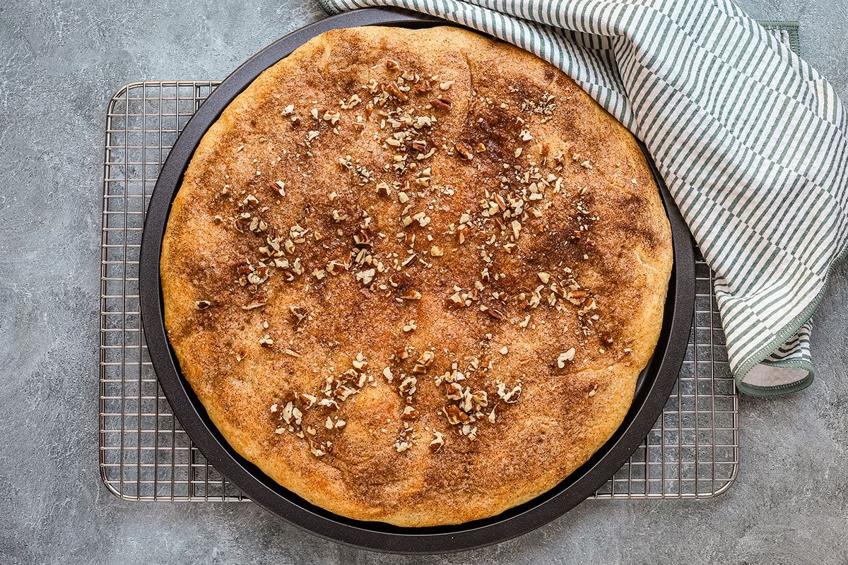 Cinnamon roll focaccia baked and ready for glazing.