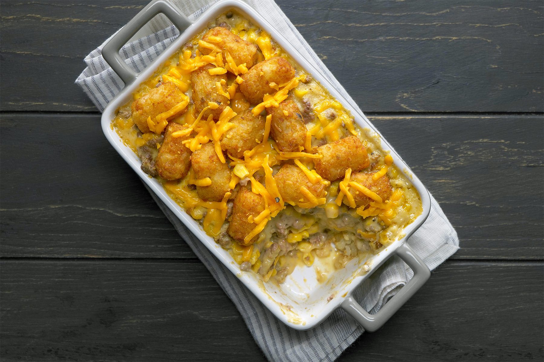 overhead shot of cowboy casserole in a baking dish