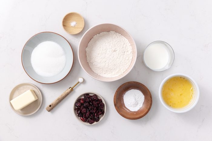 Ingredients for cranberry scones on kitchen counter.
