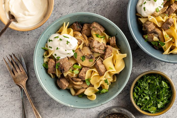 Taste of Home Easy Beef and Noodle recipe photo of the finished recipe served in bowls.