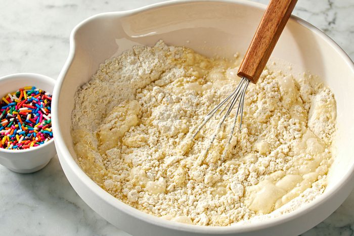 Cake mix, pancake mix, milk, eggs and vanilla mixed together.