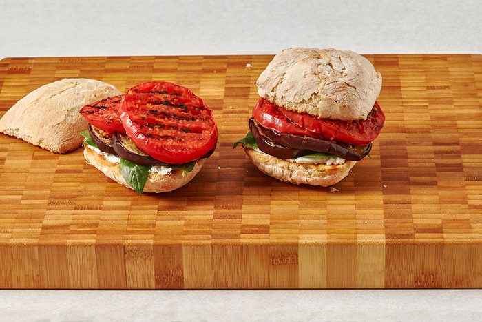 Building the sandwiches on a cutting board