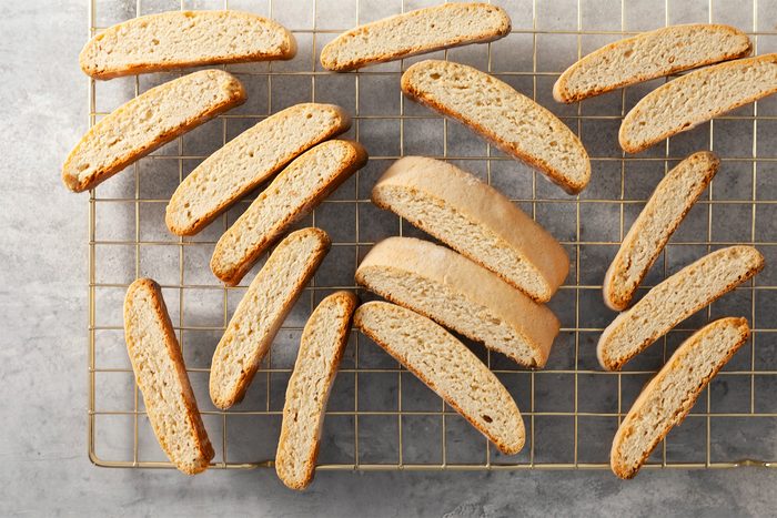 Overhead shot of remove to wire racks to cool completely; grey marble background;