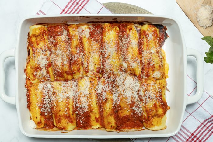 Manicotti Shells in the baking pan