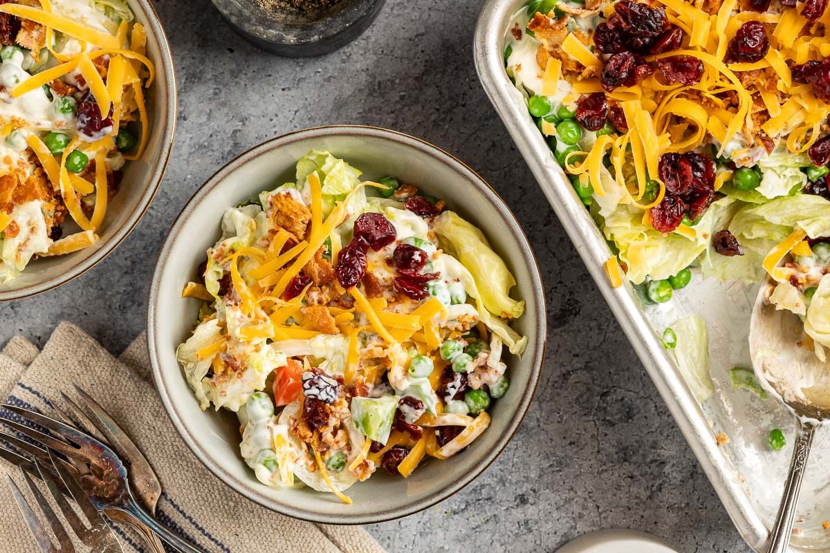 Taste of Home Overnight Salad photo of the finished recipe served into bowls.