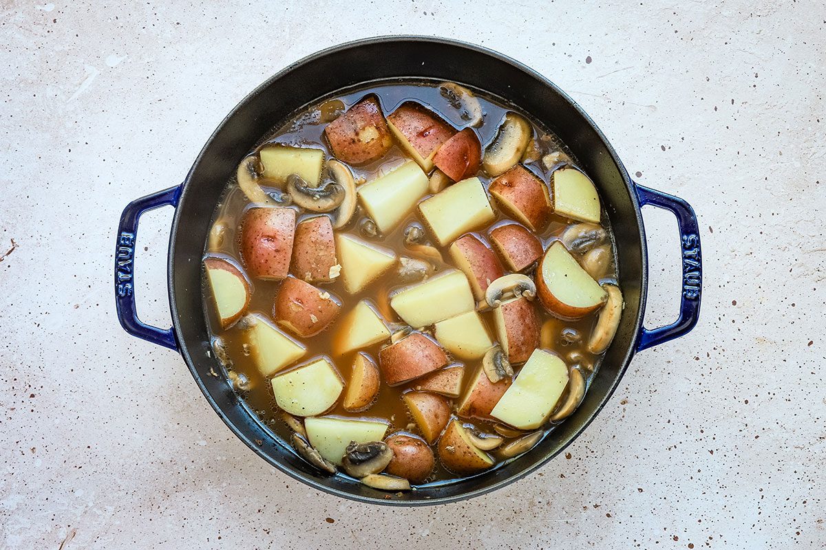Pork and potatoes meal preparation with mushrooms, from Taste of Home.