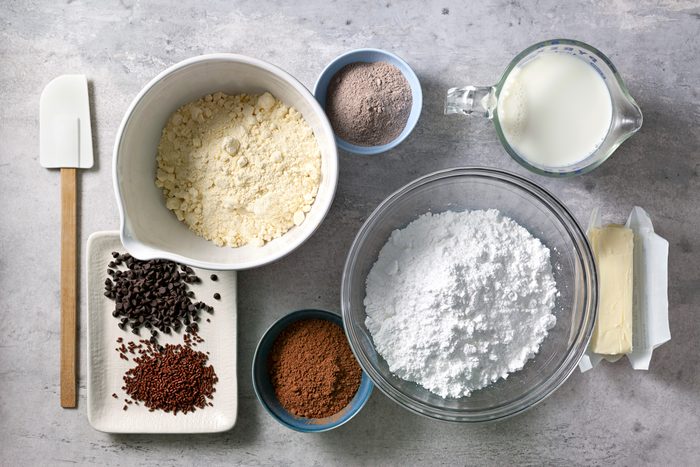 Overhead shot of all ingredients; grey marble surface