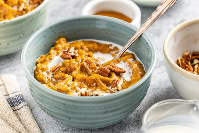 Taste of Home Pumpkin Oatmeal recipe photo of the finsihed oatmeal served into bowls.