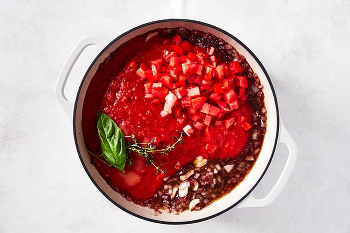Red Wine Pasta Step 2- all ingredients added to skillet