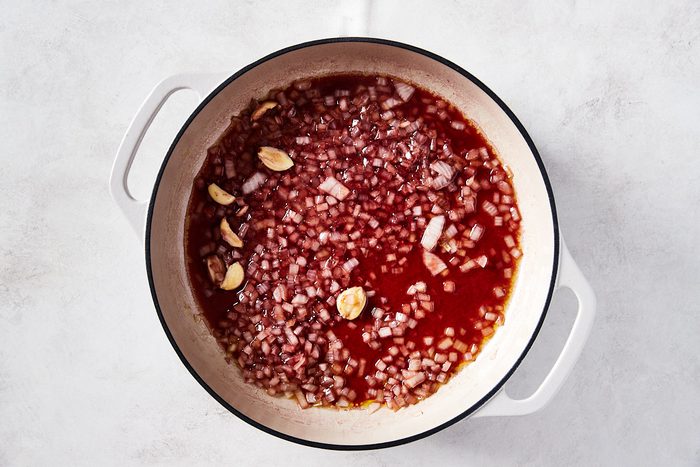 Red Wine Pasta Step 1- onions, garlic, red wine in skillet