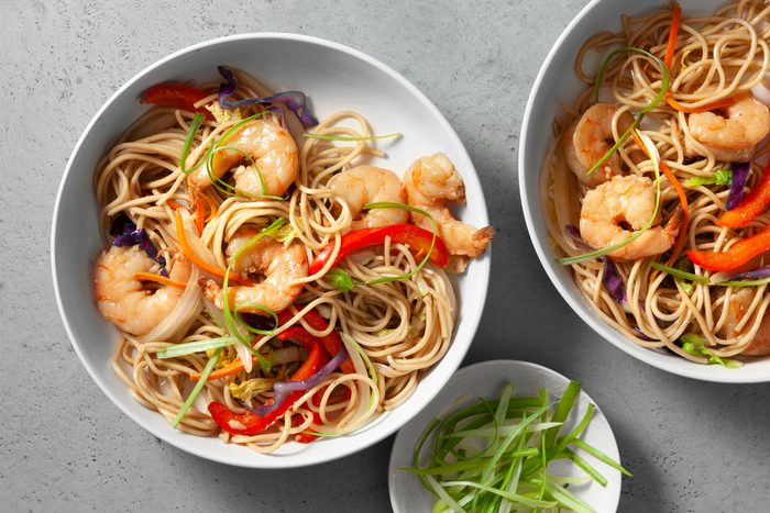 overhead shot of Shrimp and Vegetable Lo Mein
