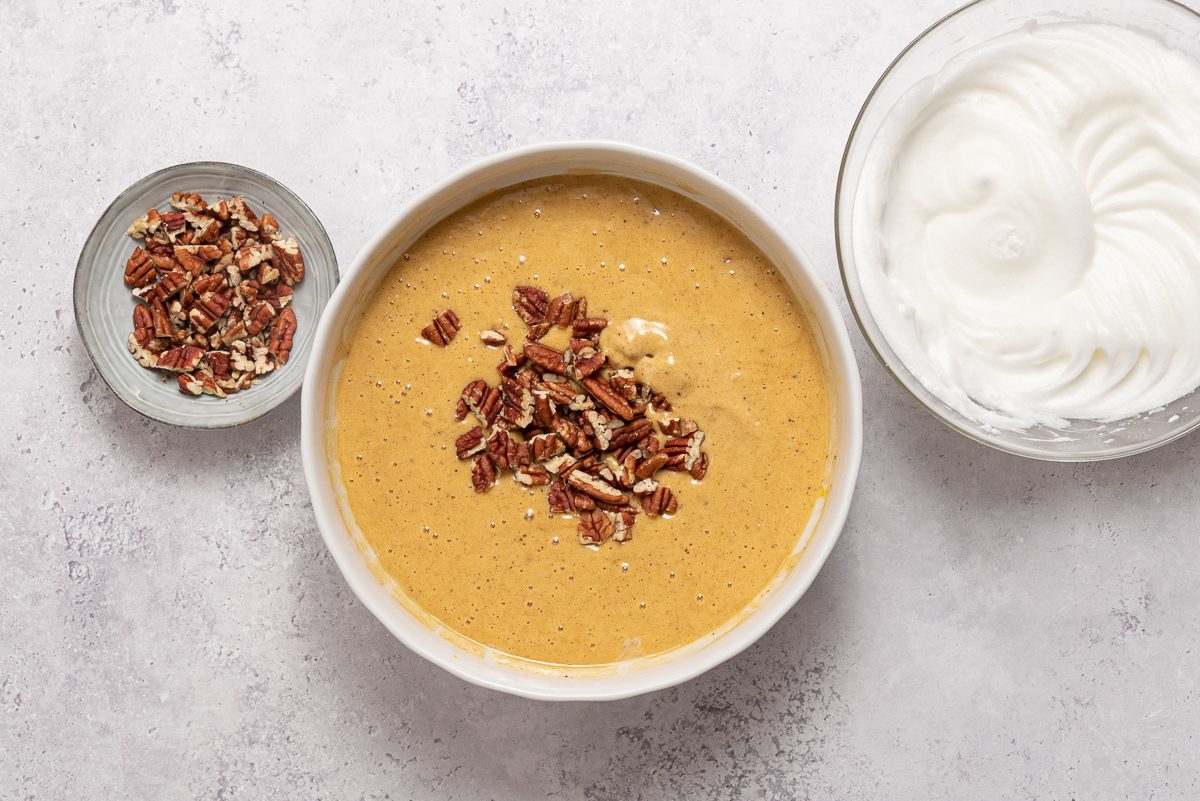 Bowls With Pecans, Cake Batter And Whipped Egg White