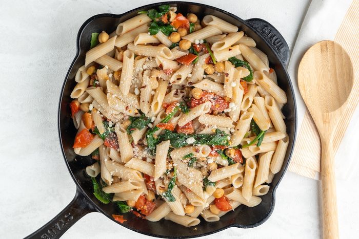 Overhead landscape shot of Taste of Home's Spinach Tomato Pasta.