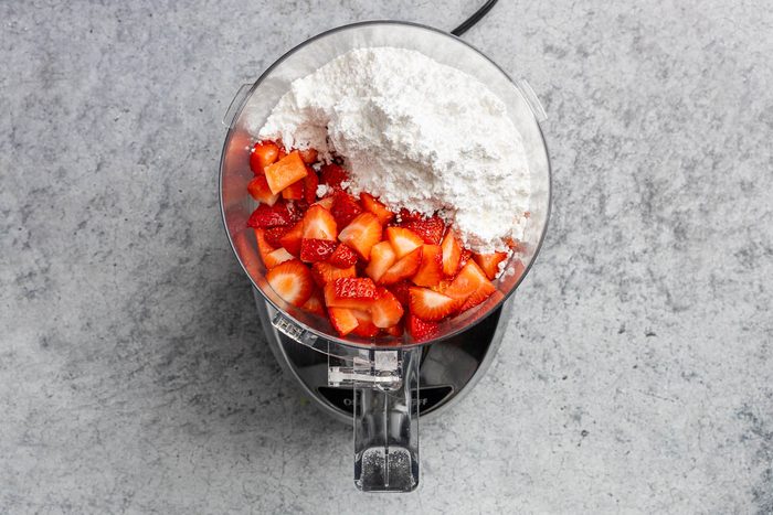 Taste of Home Strawberry Sorbet recipe photo of ingredients in a blender.