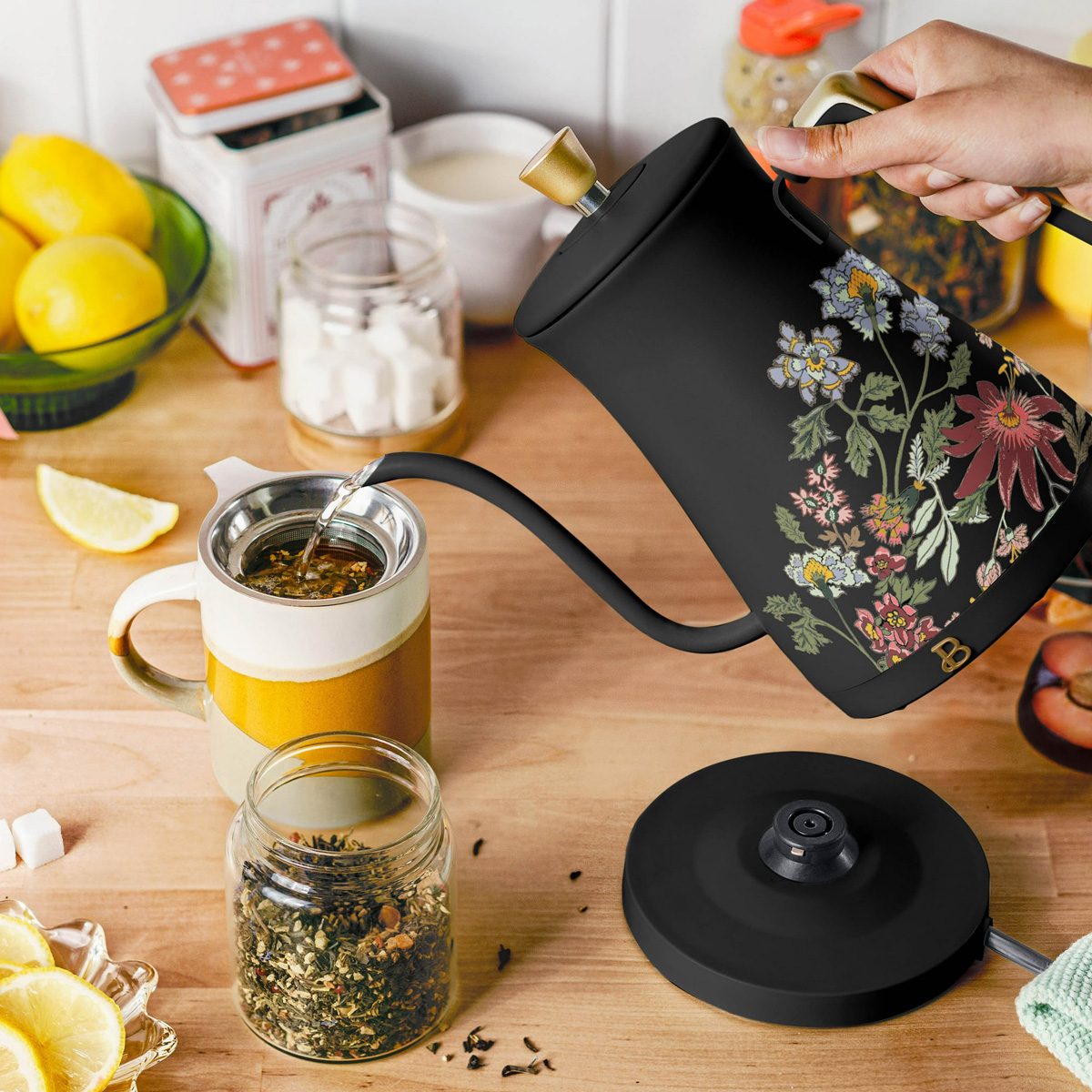 Beautiful 1 Liter Electric Gooseneck Kettle 1200 W Wildflower By Drew Barrymore Black