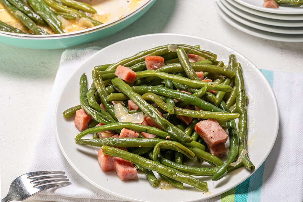 Green Beans and Ham served on a plate