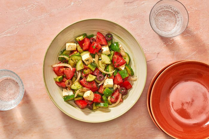 Tomato Cucumber Mozzarella Salad in a serving bowl