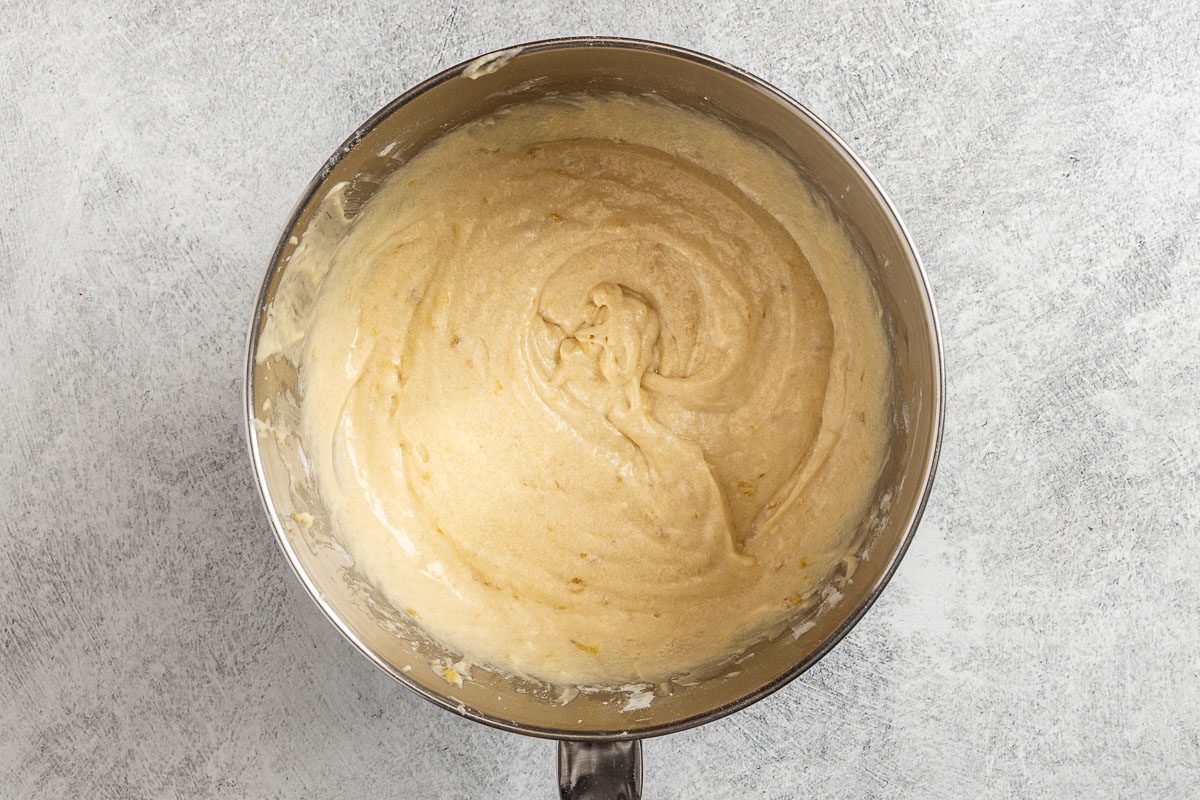 Taste of Home Banana Bars photo of the dry ingredients mixed with wet ingredients.