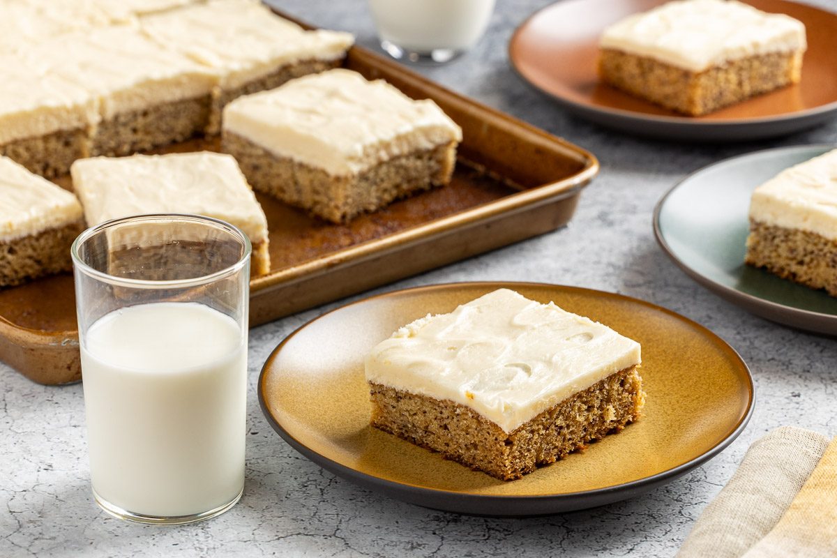 Taste of Home Banana Bars photo of the finished recipes cut into squares and placed on plates.