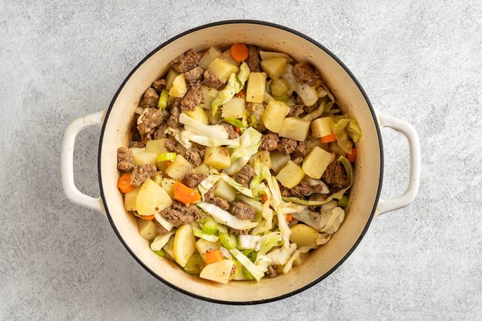 vegetables in pot for Beef Cabbage Stew