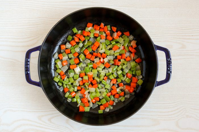 Sautéeing mirepoix for Buffalo Chicken Soup
