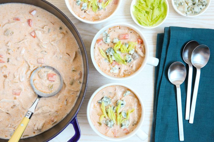 Buffalo Chicken Soup with blue cheese and celery leaves
