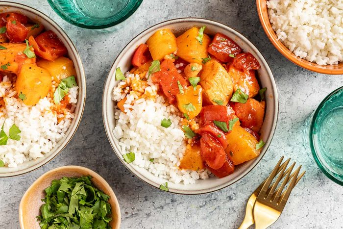 Caribbean Chicken with rice in a bowl