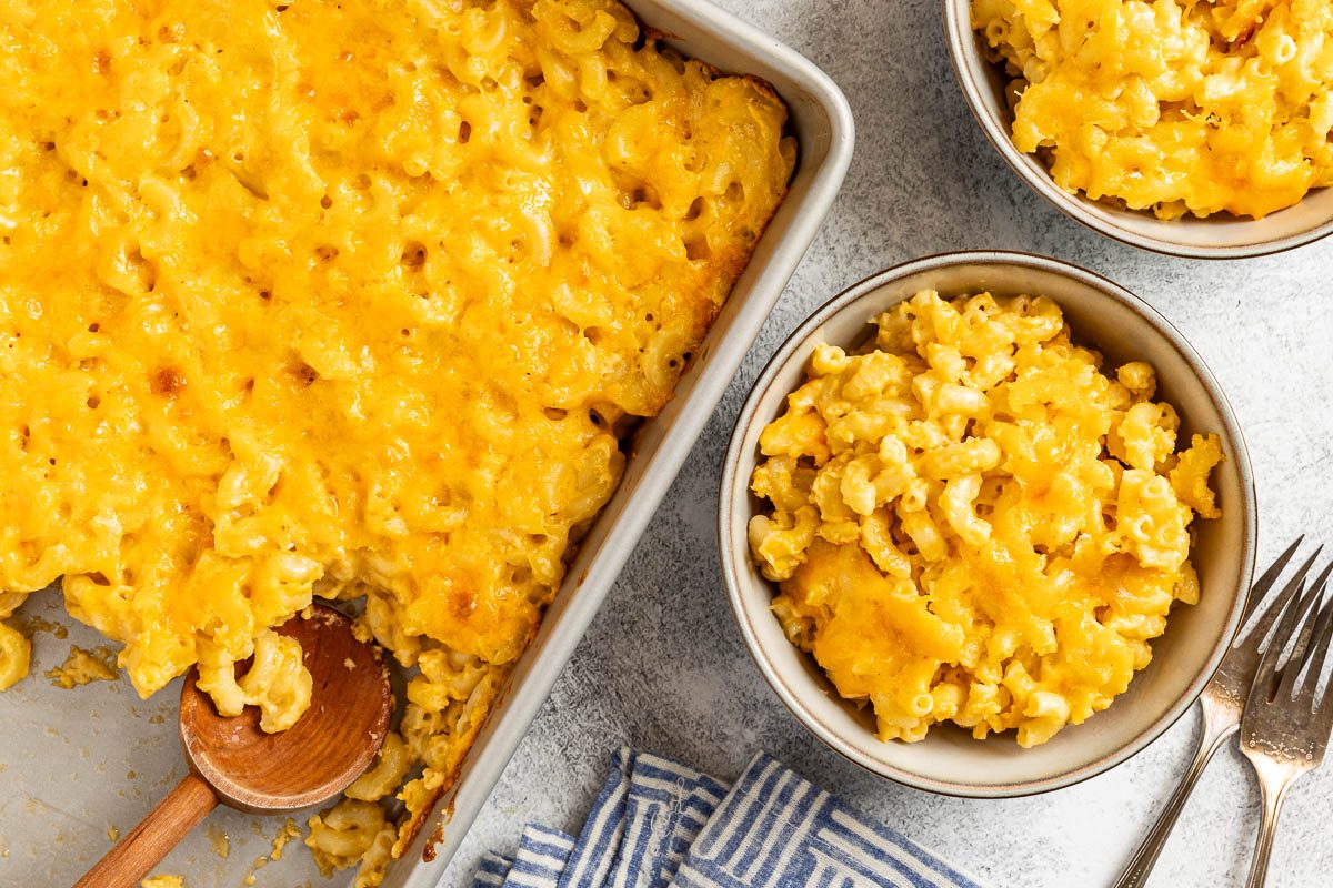 Copycat Chick-fil-A Mac and Cheese in the pan and served in a bowl