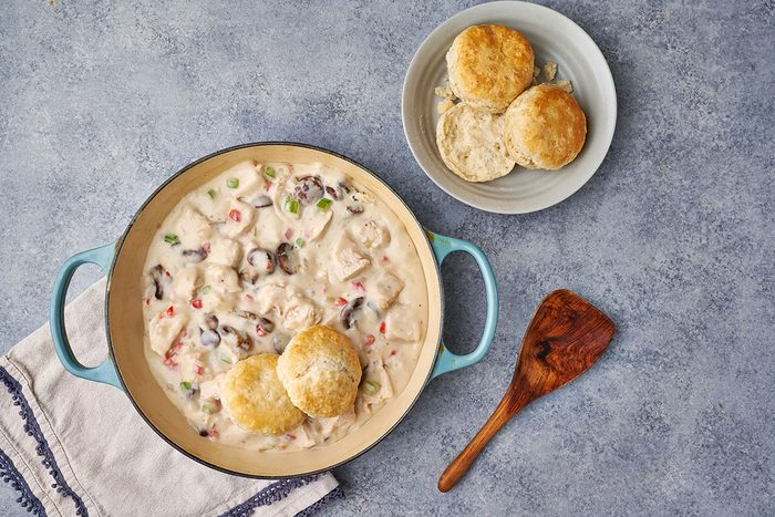 A full view of Chicken à la King, served over freshly baked biscuits with a creamy sauce and tender chicken