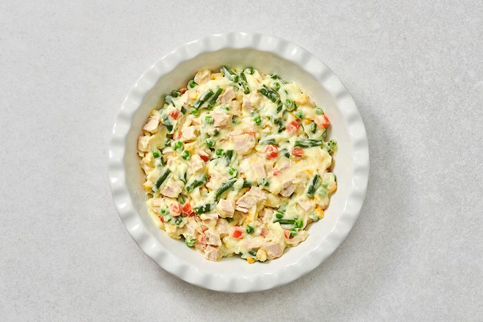 Pot pie filling in a pie dish