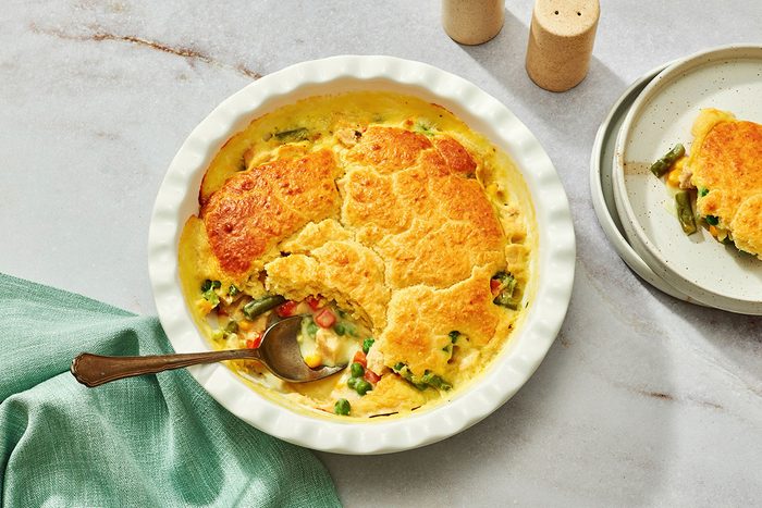 Cooked pot pie with a portion removed